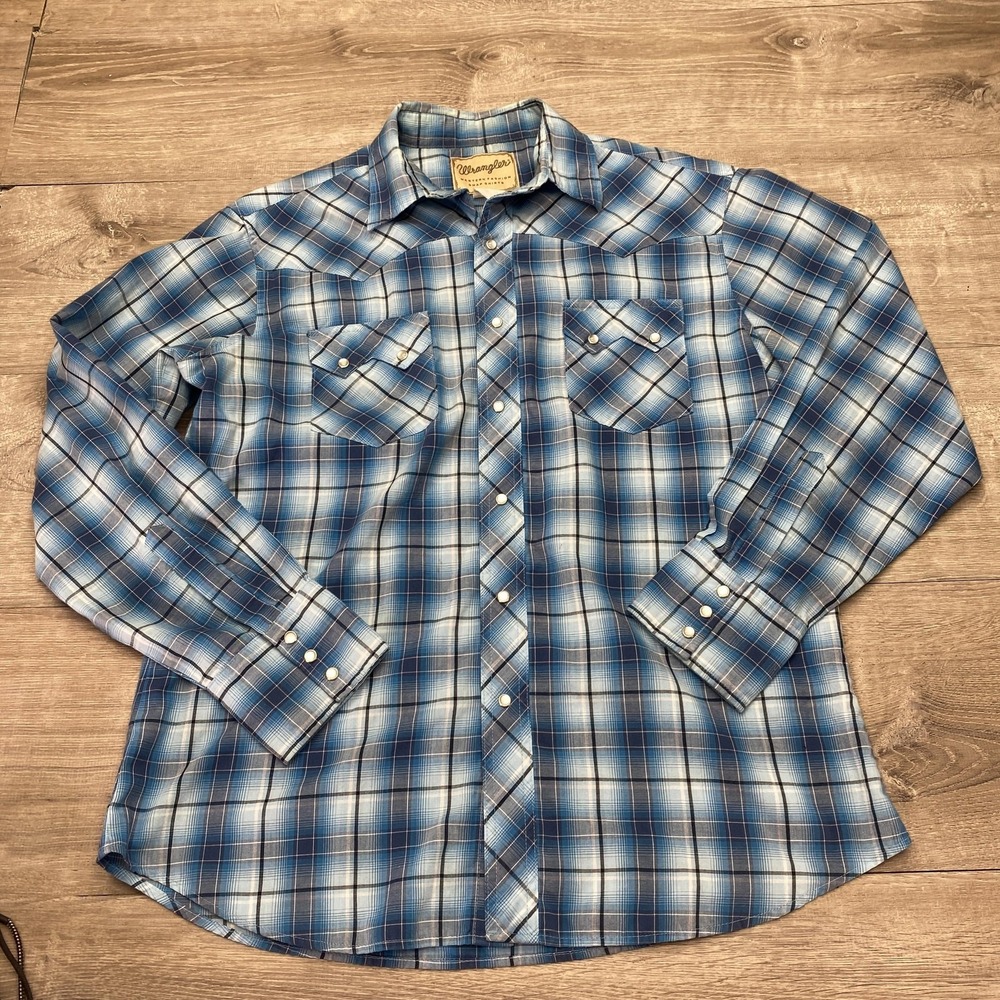 Wrangler Shirt Mens Large Blue Plaid Long Sleeve Snap Western Fashion Casual